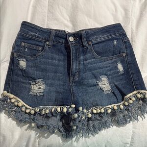 Altar'd State Blue Distressed Jean Shorts with Bohemian Pom-Pom Trim